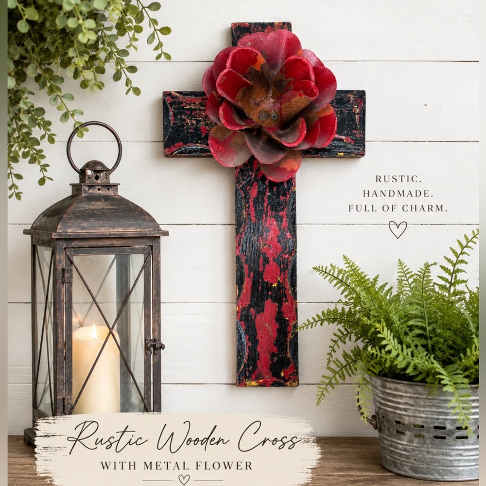 Handcrafted Rustic Black and Red Wooden Cross with Red Succulent Accent